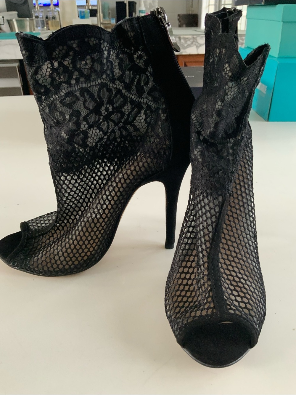 Chinese Laundry Black Lace & Mesh Peep-Toe Stiletto Booties